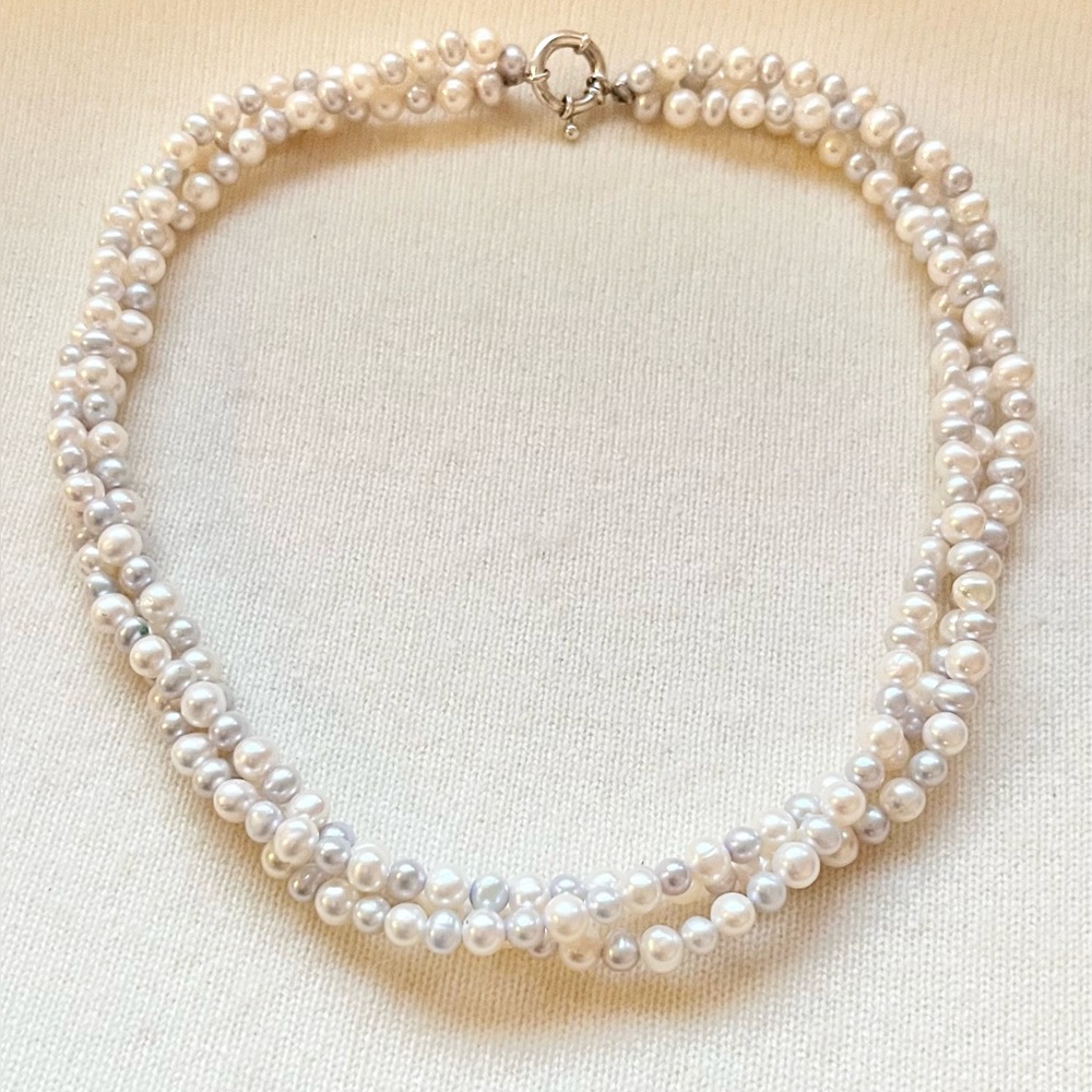 Elegant Triple-Strand Pearl Necklace with Sterling Silver Clasp, 18”